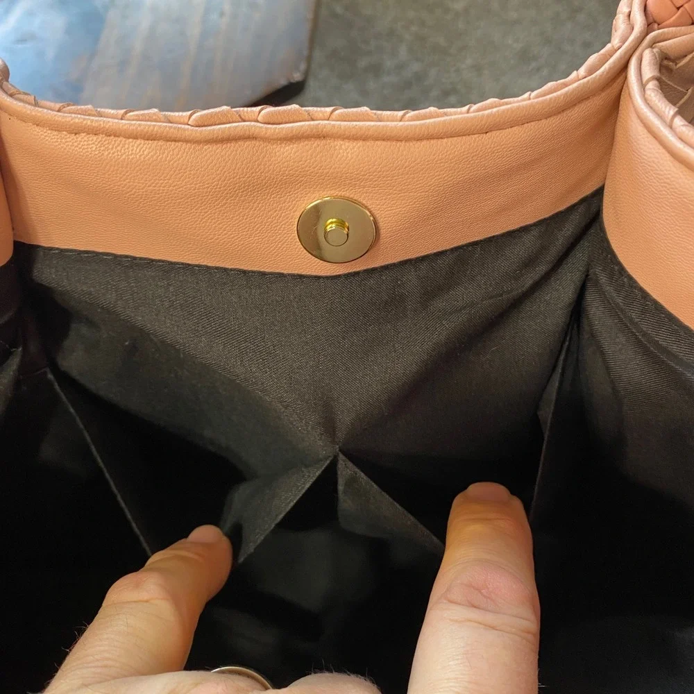 LuLu Dharma Woven Vegan Leather Tote Bag Blush Pink Braided Handle Shoulder‎ Bag
